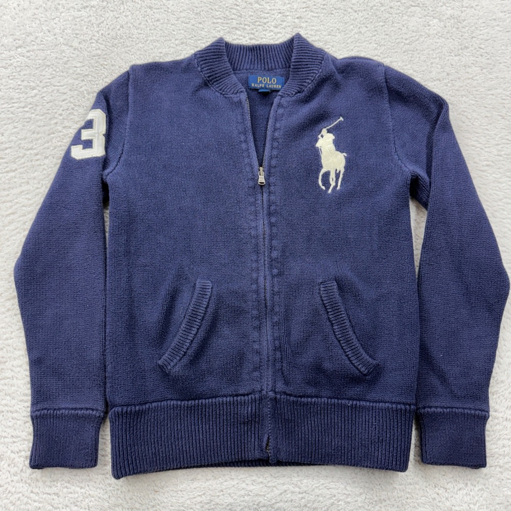 Polo Ralph Lauren Kids Navy Blue Full Zip Knit Bomber Sweater Big Pony Size M